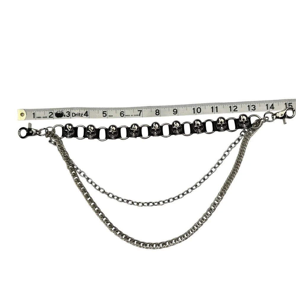 Skull Pant Chain Women OS Silver Triple Layered Gothic Punk Emo Biker Necklace